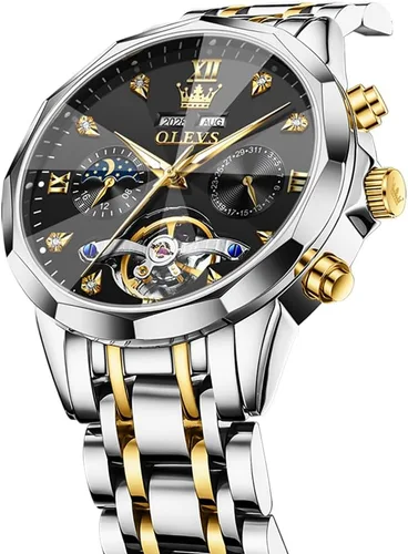 Vista 19 de OLEVS Reloj de pulsera automático con diseño de esqueleto para hombre, de lujo, con diamantes de lujo, de acero inoxidable, calendario, reloj