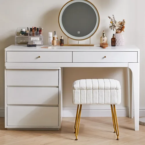 Vista 9 de IBUYKE Silla Taburete con Espacio de Almacenamiento, Reposapiés Taburete Otomano, Mesa Auxiliar Pequeña, con 4 Patas de Metal, con Pies Blanco