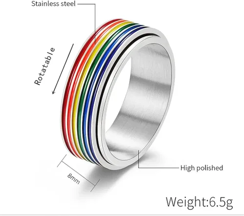 Vista 3 de Rotatable Rainbow Stripe LGBT Pride Band Ring for Women Men Teen Girls Couples Bff Anti Anxiety Stress Relief Fidget Spinner Ring Stainless Steel