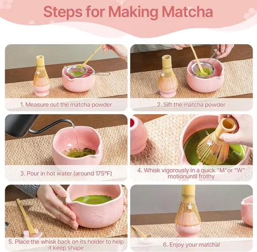 Vista 6 de Juego de batidor de matcha, kit de 8 piezas que incluye tazón, batidor de bambú y soporte, cuchara de bambú, colador de té, toalla de té, agitador