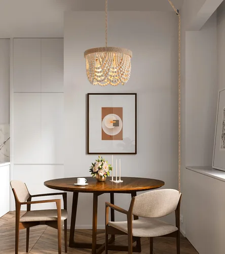 Vista 5 de AMZASA - Lámpara colgante enchufable estilo bohemio con cuerda de cáñamo tejida, perlas de madera, lámpara colgante rústica para casa de campo