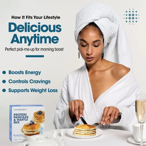 Vista 4 de Mezcla para panqueques y waffles de proteínas WonderSlim, sabor a arándano, baja en azúcar y calorías (7 unidades) High Protein Breakfast, 15g