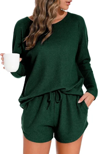 Vista 15 de PrinStory Conjunto de pijama para mujer, de punto gofre, tallas S-4XL Negro