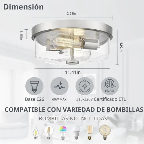 Vista 2 de Lámpara de Techo Empotrada de Níquel Cepillado, Luminarias de Pasillo de 2 Luces, Lámpara de Techo de Estilo Granja Moderna de Vidrio Transparente