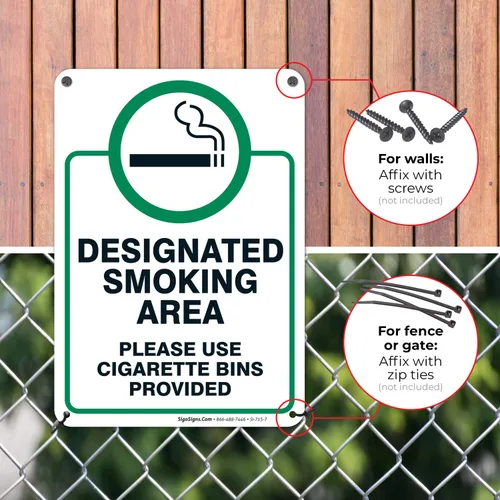 Vista 4 de Letrero designado para zona de fumar, letrero con texto en inglés "Please Use Cigarrette Bins Sign", 10 x 7 pulgadas, libre de óxido, aluminio 040