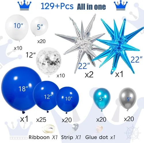 Vista 5 de Kit de arco de guirnalda de globos azul real, blanco y plateado, globos azules metálicos con globos de papel de aluminio en forma de explosión Azul