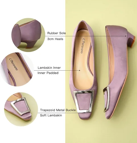 Vista 4 de C.Paravano Zapatos de tacón grueso con punta cerrada para mujer Tacones bajos de cuero Tacones bajos de punta cuadrada Zapatos de tacón de vestir
