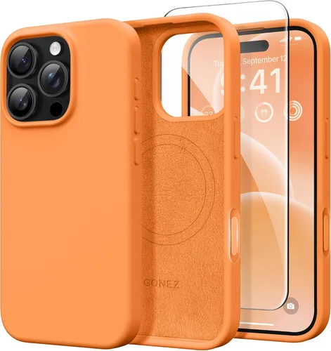 Vista 215 de GONEZ Funda magnética para iPhone 14, compatible con Magsafe, con protector de pantalla + protector de cámara, forro de microfibra antiarañazos
