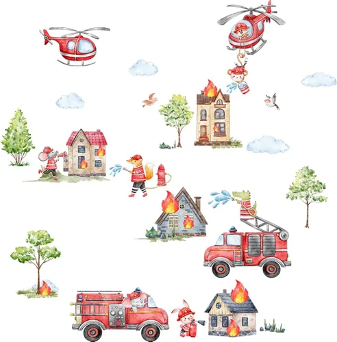 Vista 4 de Runtoo Calcomanías de pared de camión de bomberos, calcomanías de pared para automóvil, automóvil, helicóptero, bombero, decoración de pared