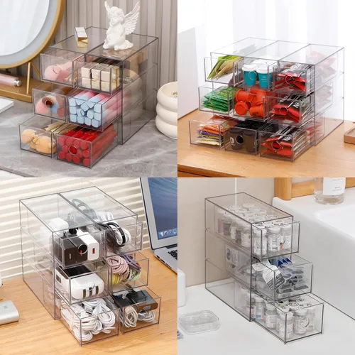 Vista 5 de Cajones de almacenamiento de plástico, organizador de suministros de oficina en casa para baño, cocina, despensa, barra de café, caja transparente