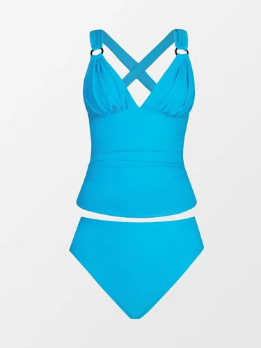 Vista 7 de CUPSHE Traje de baño tankini para mujer, cuello en V, fruncido, traje de baño de dos piezas con anillo en O, espalda cruzada, lazo a media altura