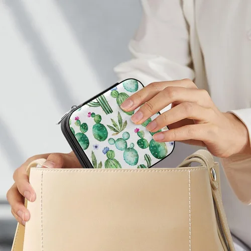 Vista 6 de MEAMOTAN Joyero pequeño con diseño de cactus de acuarela, mini joyero de viaje, organizador de joyas portátil, soporte de almacenamiento