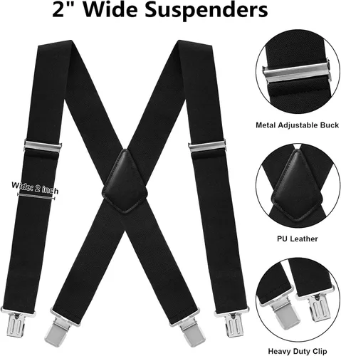 Vista 4 de Fasker Mens Suspenders X-Back 2" Wide Adjustable Solid Straight Heavy Duty Clip Suspenders for Men Women