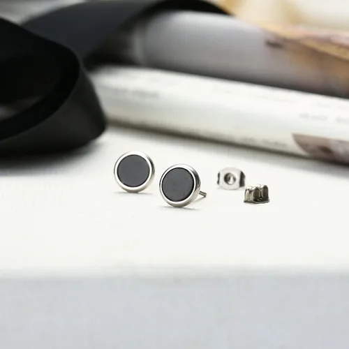 Vista 4 de Pure Titanium Earring For Sensitive Ear High Polish Round Synthetic MalachiteObsidianBlue Turquoise Stud Earrings