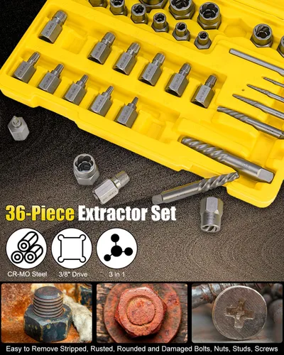 Vista 4 de Juego de 36 extractores de tornillos y pernos, juego de extractor de tornillos 3 en 1 Easy Out, juego de dados extractores de pernos rotos de 3/8