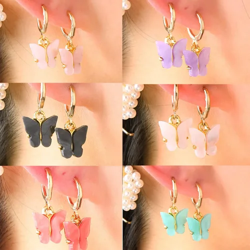 Vista 2 de DORAFO - Aretes de aro de mariposa, chapados en oro de acrílico, aretes colgantes de mariposa, bonitos aretes de mariposas para mujeres y niñas