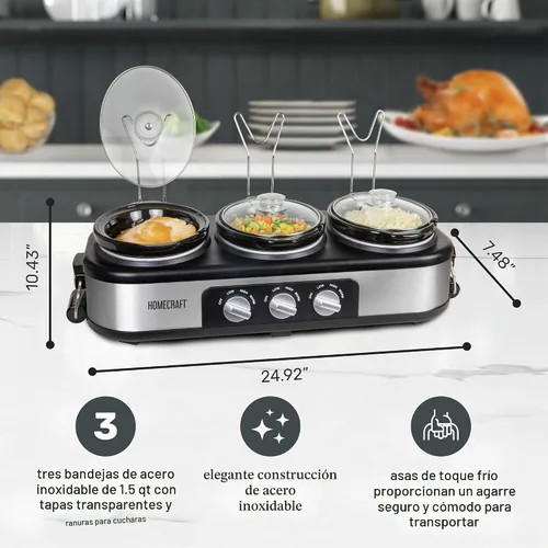 Vista 2 de HomeCraft HCTSC15SS Olla de cocción lenta de acero inoxidable de 3 estaciones de 1.5 cuartos ovalada para buffet, con tapa y reposa cucharas