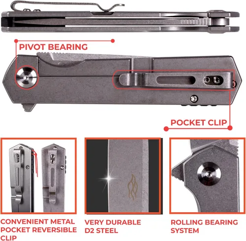 Vista 4 de Firebird GANZO FH12-SS Cuchillo plegable de bolsillo, hoja de acero D2, mango de acero con clip para acampar al aire libre EDC Cuchillo de bolsillo