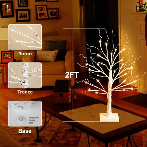 Vista 3 de Árbol de abedul blanco con luces LED, árbol de abedul iluminado para mesa, funciona con 24 luces LED USB o pilas, árbol blanco cálido, mini