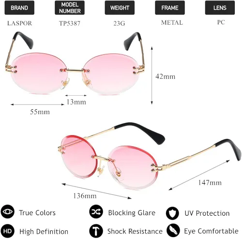 Vista 4 de LASPOR Gafas de sol ovaladas retro para mujeres y hombres, a la moda, vintage, de metal dorado, sin marco, lentes tintados, protección UV400