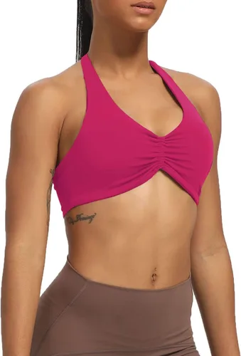 Vista 2 de Aoxjox Sujetadores deportivos de entrenamiento para mujer, sin espalda, acolchado, Taylor, Scrunch, halter, camiseta sin mangas para yoga