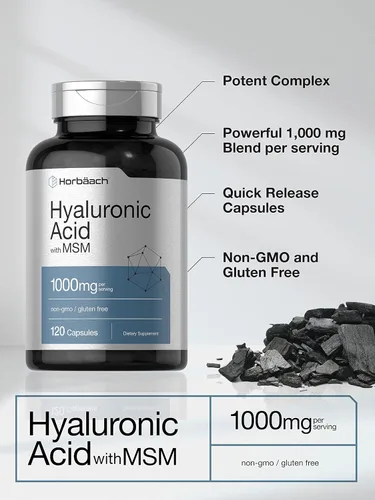 Vista 3 de Horbäach Ácido hialurónico con MSM 1000 mg 120 cápsulas Suplemento sin OMG y sin gluten Fórmula biodisponible