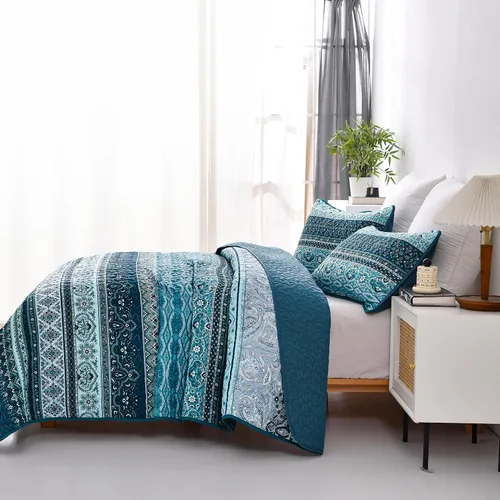 Vista 3 de WONGS BEDDING Juego de edredón bohemio tamaño individual, juego de ropa de cama azul bohemio individual, colcha de microfibra ligera con funda