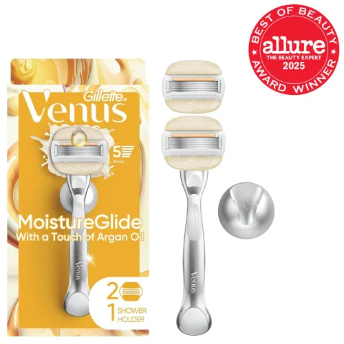 Vista 2 de Venus Moistureglide - Maquinilla de afeitar para mujer, mango reutilizable, 2 recambios de cuchillas de afeitar y soporte de ducha