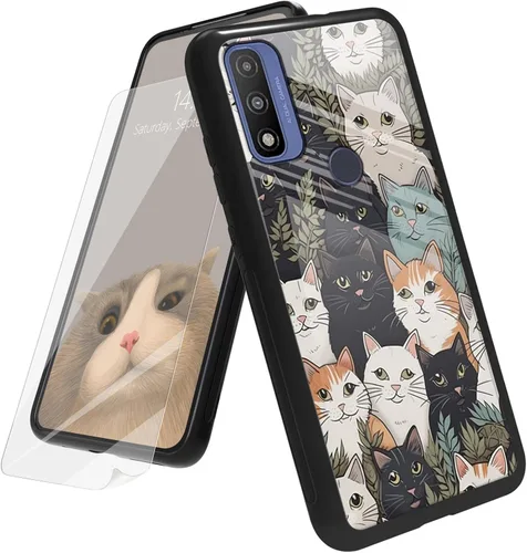 Vista 90 de Funda para Motorola Moto G Play 4G 2024 con protector de pantalla, parte trasera de vidrio templado + funda de silicona suave TPU absorción