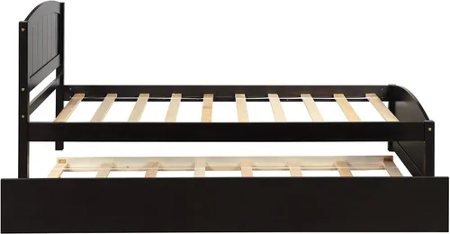 Vista 6 de Merax Cama de plataforma de madera tamaño individual, marco de cama con cama nido, no requiere somier, color espresso