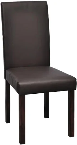 Vista 4 de Juego de 4 sillas de comedor modernas de piel sintética con marco de madera marrón con respaldo de asiento acolchado, cómodo estilo de granja
