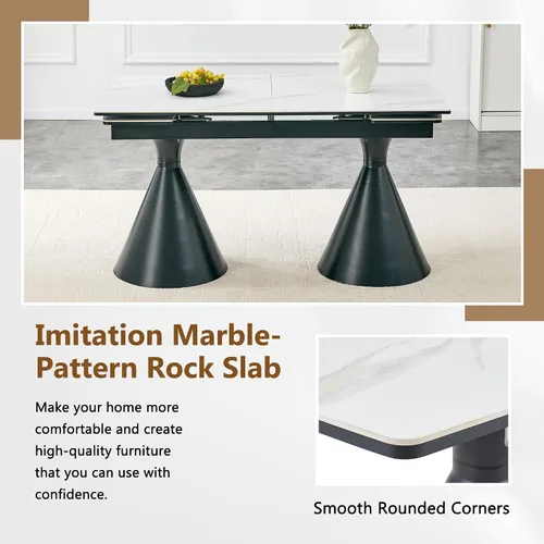 Vista 7 de Mesa de comedor extensible moderna para 4-8 personas, mesa de cocina de piedra sinterizada expandible con base de metal negro, ahorro de espacio