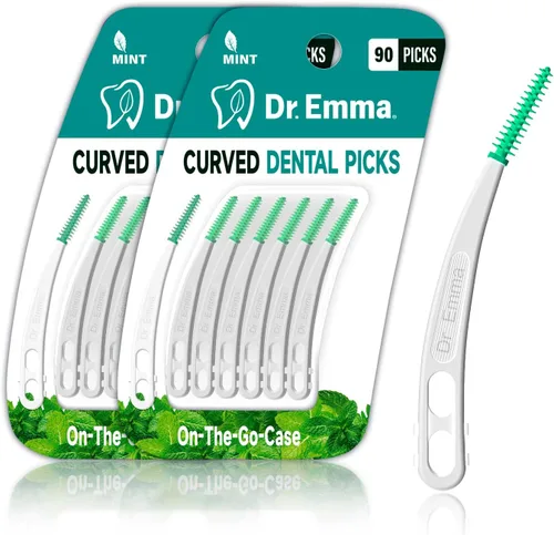 Vista 8 de Dr. Emma Púas dentales de menta curvadas suaves de goma para dientes, fáciles de usar con estuche de transporte, 90