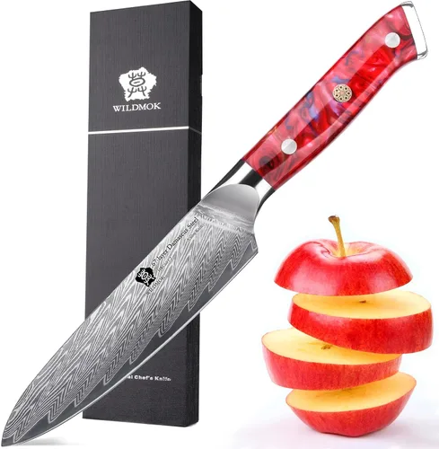 Vista 10 de WILDMOK Cuchillo de cocina de 5 pulgadas, Damasco Japón VG-10, cuchillo de cocina de acero afilado, mango ergonómico de resina de color, caja
