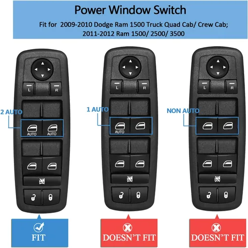 Vista 3 de Interruptor de ventana de control maestro de potencia del lado del conductor delantero compatible con Dodge Ram 1500 2500 3500 OE 2009-2012