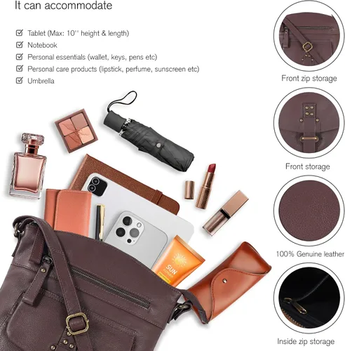 Vista 3 de Oak Leathers Leather Crossbody Bag For Women With Adjustable Sling Strap - Medium Size Crossover Shoulder Handbag Purse