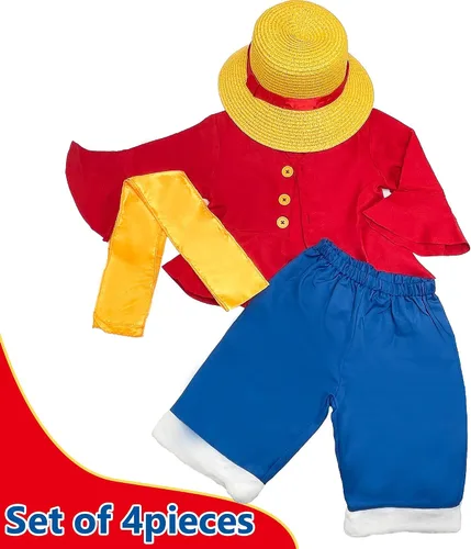 Vista 5 de YuDanae Disfraz de Luffy para niños sombrero de pajita disfraz de cosplay para Halloween fiesta de anime para niños pequeños de 3 y 10 años