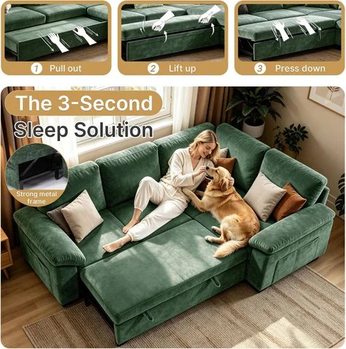 Vista 6 de 86" L-Shaped Sectional Sleeper Couch, Modular Pull-Out Storage Sofa Bed Green