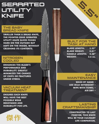 Vista 2 de KESSAKU Cuchillo multiusos dentado de 5.5 pulgadas - Serie Samurai - Cuchillo de cocina afilado - Acero inoxidable de alto carbono forjado 7Cr17MoV