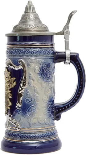 Vista 8 de HAUCOZE Jarra de Cerveza Alemana con Medallón de Águila, Tankard Vikingo para Beber con Tapa de Peltre para Regalos de Cumpleaños Hombres Padre
