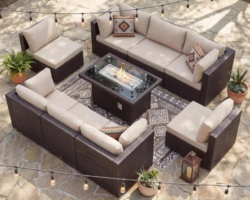 Vista 24 de NICESOUL Juego de muebles de patio de ratán extra grande con mesa para fogata de gas y propano, 29.3 pulgadas, respaldo alto, cómodos conversaciones