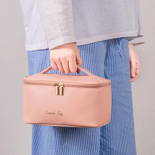Vista 9 de Bolsa de maquillaje pequeña para mujeres, con cremallera, organizador, impermeable, bonita (azul claro)