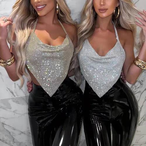 Vista 6 de JUMISEE Camiseta corta sin espalda con diamantes de imitación brillantes para mujer, cuello de capucha, sexy, con cadena, para fiesta, club nocturno