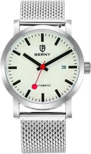 Vista 8 de BERNY Reloj automático clásico para hombre, reloj mecánico de cuerda automática MIYOTA 8215, correa de acero inoxidable, 5ATM, impermeable, esfera