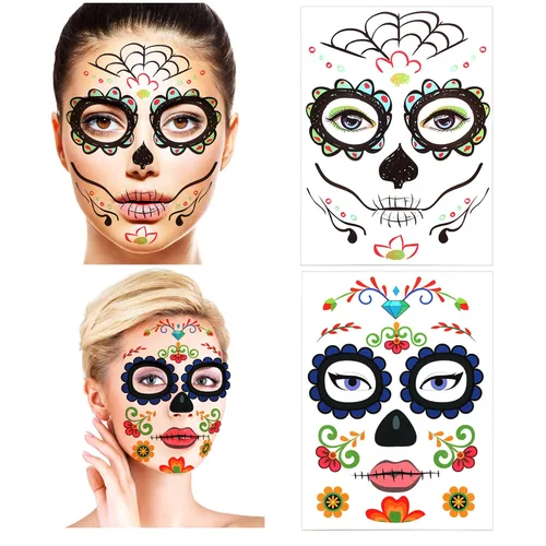 Vista 4 de Tatuajes faciales temporales de Halloween (paquete de 8 unidades), Konsait Día de los Muertos, calavera de azúcar, floral, negro, esqueleto, red