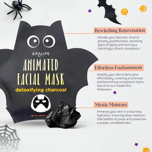 Vista 7 de SpaLife Paquete variado de mascarillas faciales de personaje de Halloween con diseño de murciélago de carbón animado, 10 hojas de máscara facial