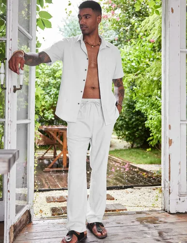 Vista 3 de COOFANDY Conjunto de 2 piezas de lino para hombre, conjunto de camisa y pantalón con botones para la playa