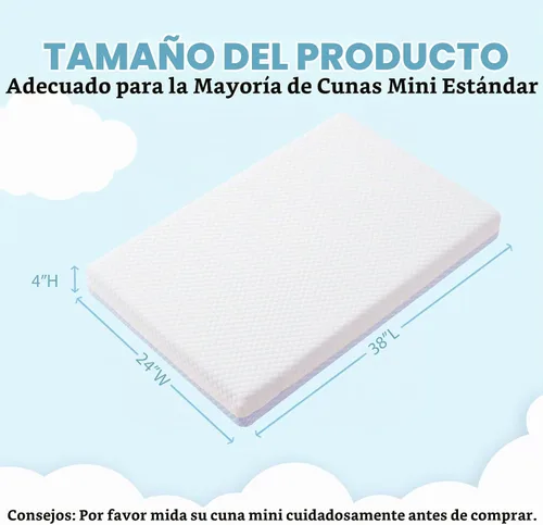 Vista 2 de Colchón mini para cuna, colchón de espuma viscoelástica de doble cara de 38 x 24 x 4 pulgadas, con funda extraíble transpirable, se adapta a