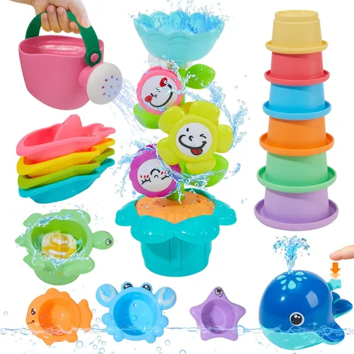 Vista 8 de Juguetes de baño sin moldes, 11 piezas Botes flotantes seguros, fáciles de limpiar y divertidos & cuchara & regadera y juguete de ballena