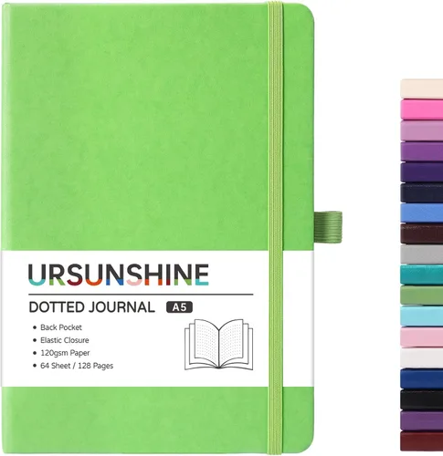 Vista 14 de Cuaderno punteado, diario, 5.3 x 8.26 pulgadas, tapa dura, prémium, papel grueso, doble espiral, bandas, cuero negro sintético, lazo para bolígrafo